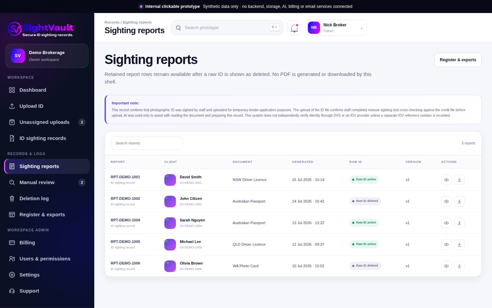 SightVault sighting reports screen showing retained report records