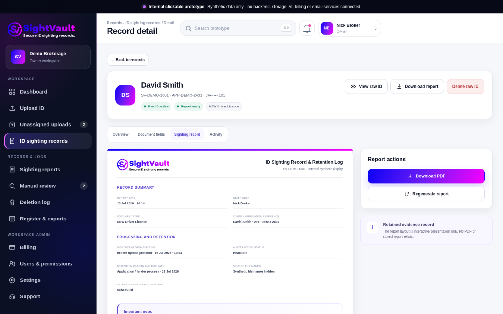 SightVault sighting record screen with retained record details and important note