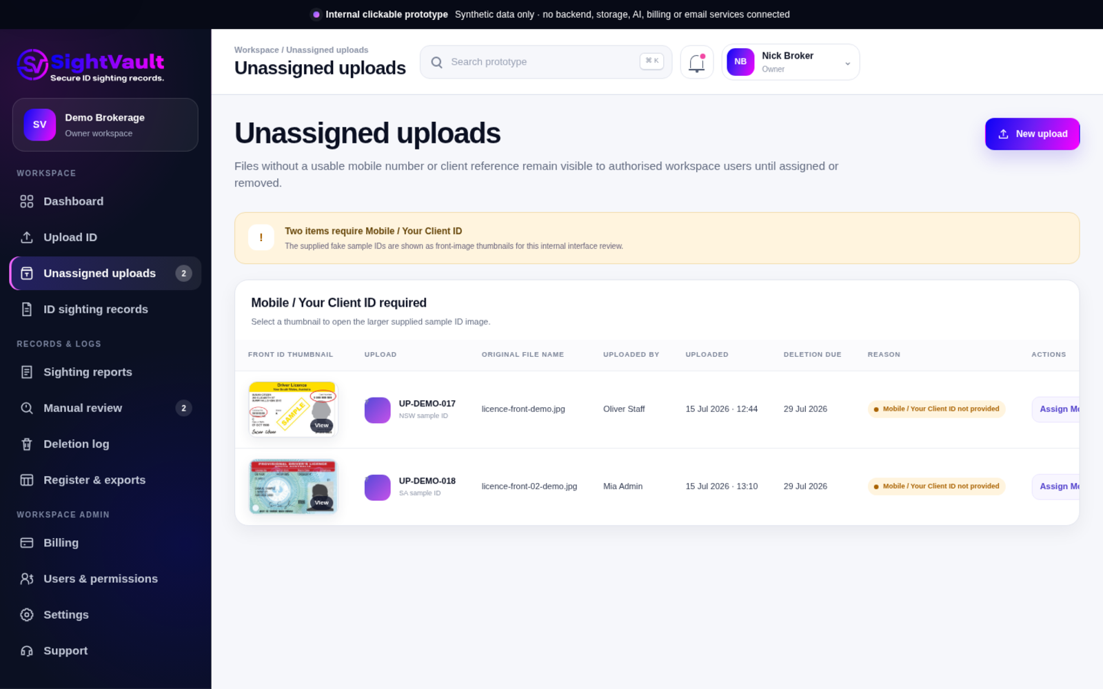 SightVault unassigned uploads screen showing uploaded ID files awaiting assignment