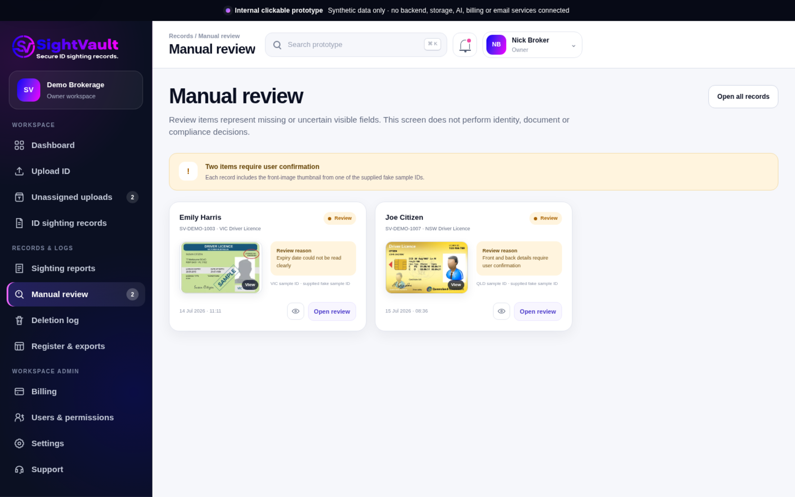 SightVault manual review screen showing records that need attention